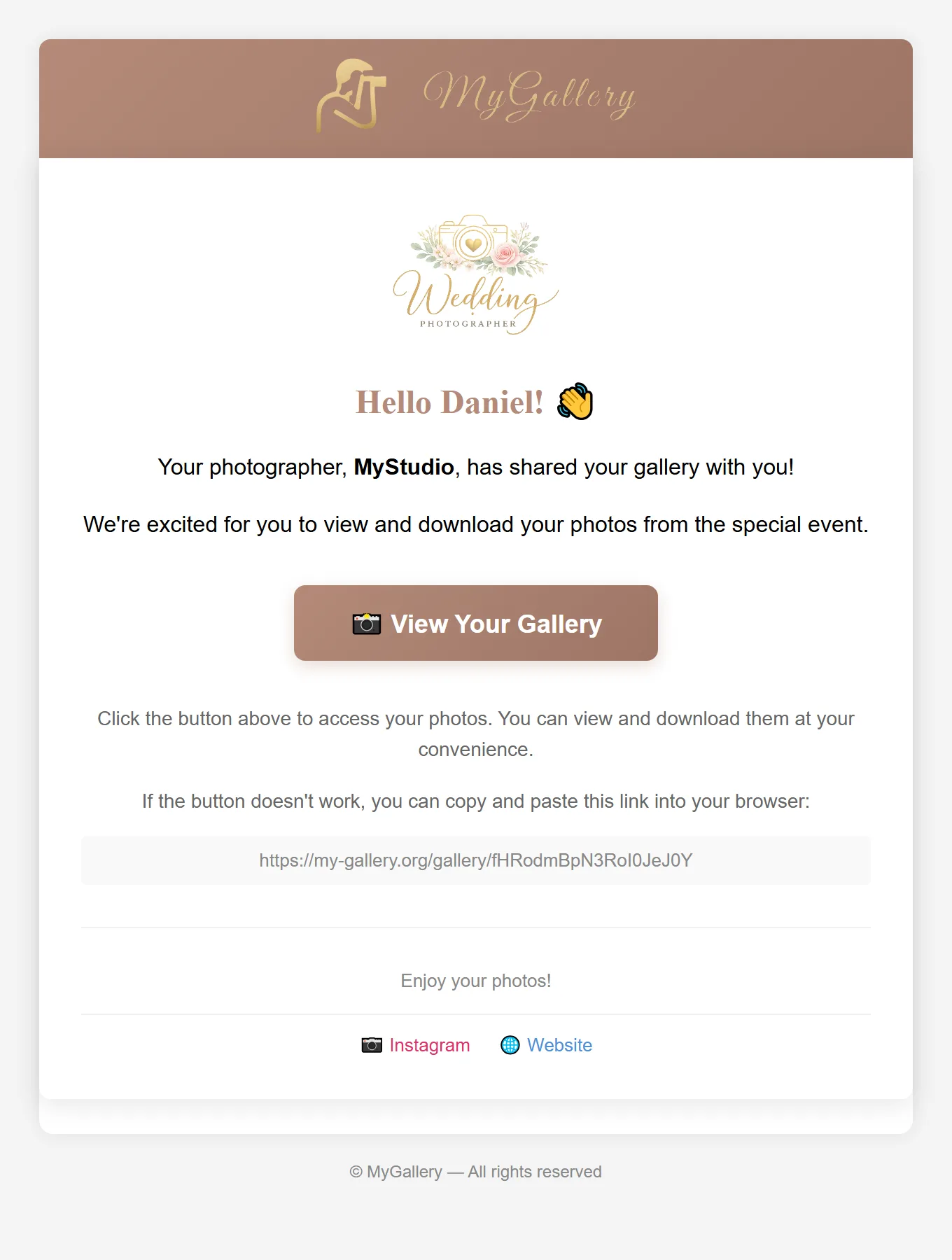 Client gallery email carrying the photographer's own logo, studio name and social links