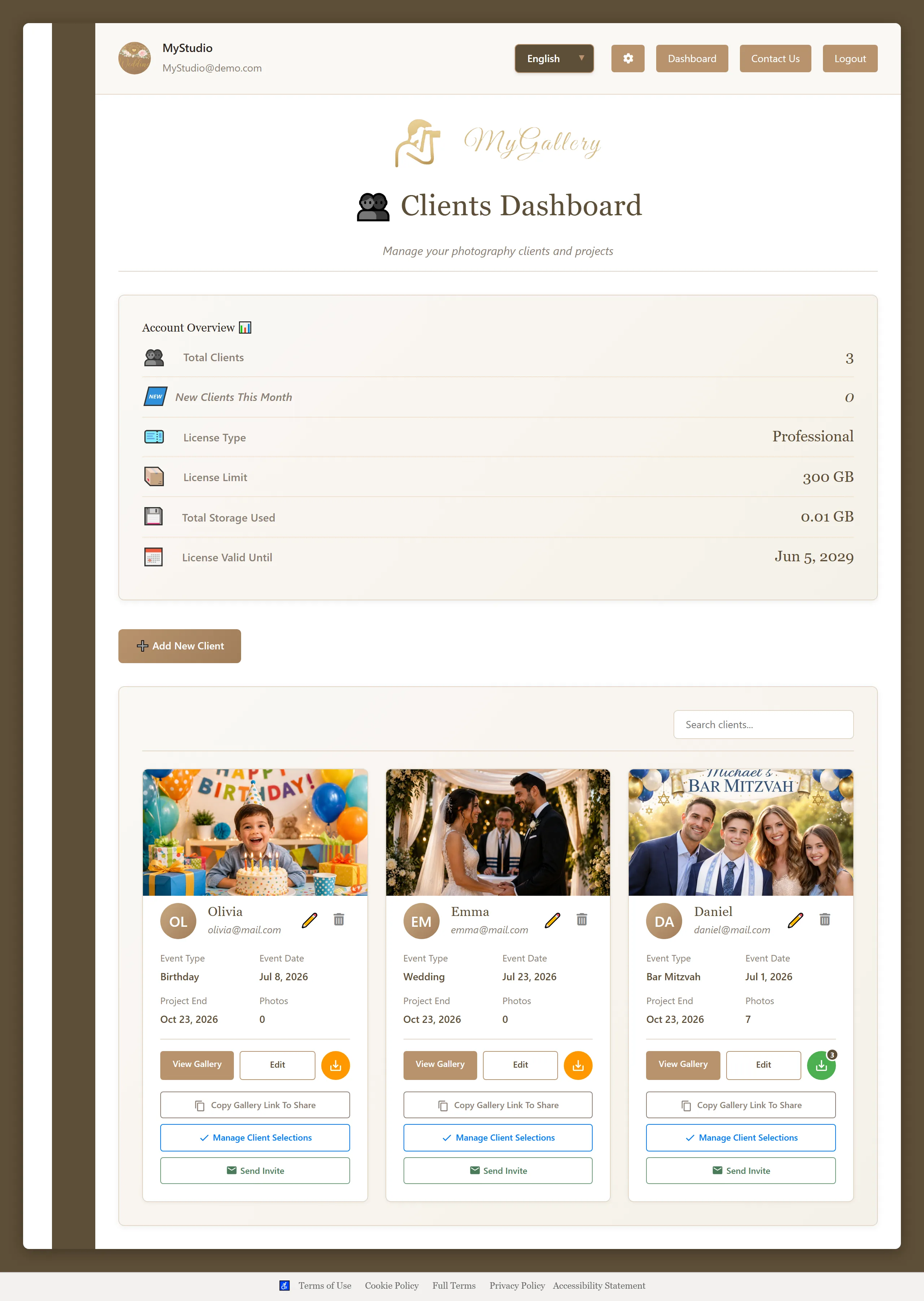 MyGallery photographer dashboard - manage client photo galleries