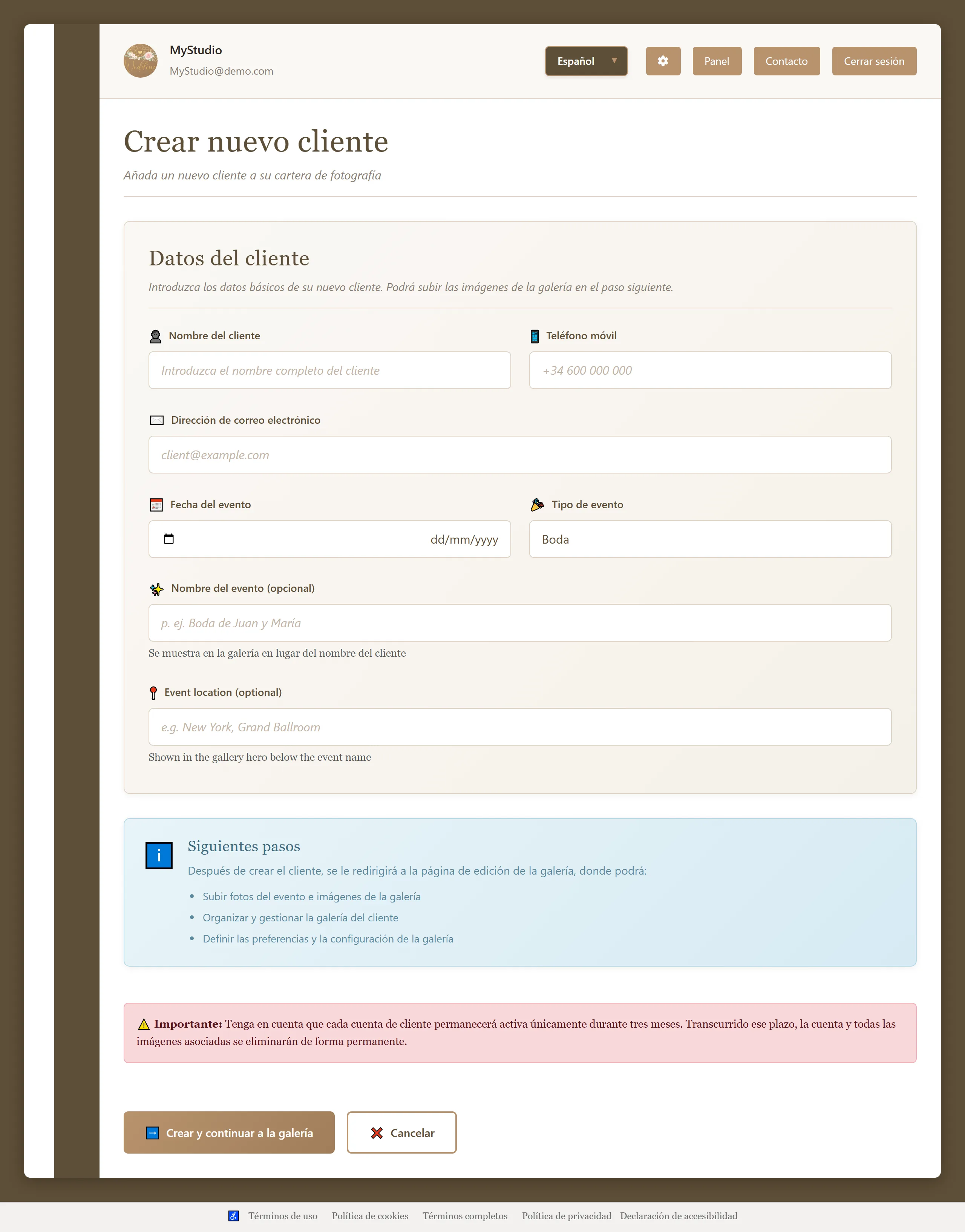 Add a new client and event details in MyGallery