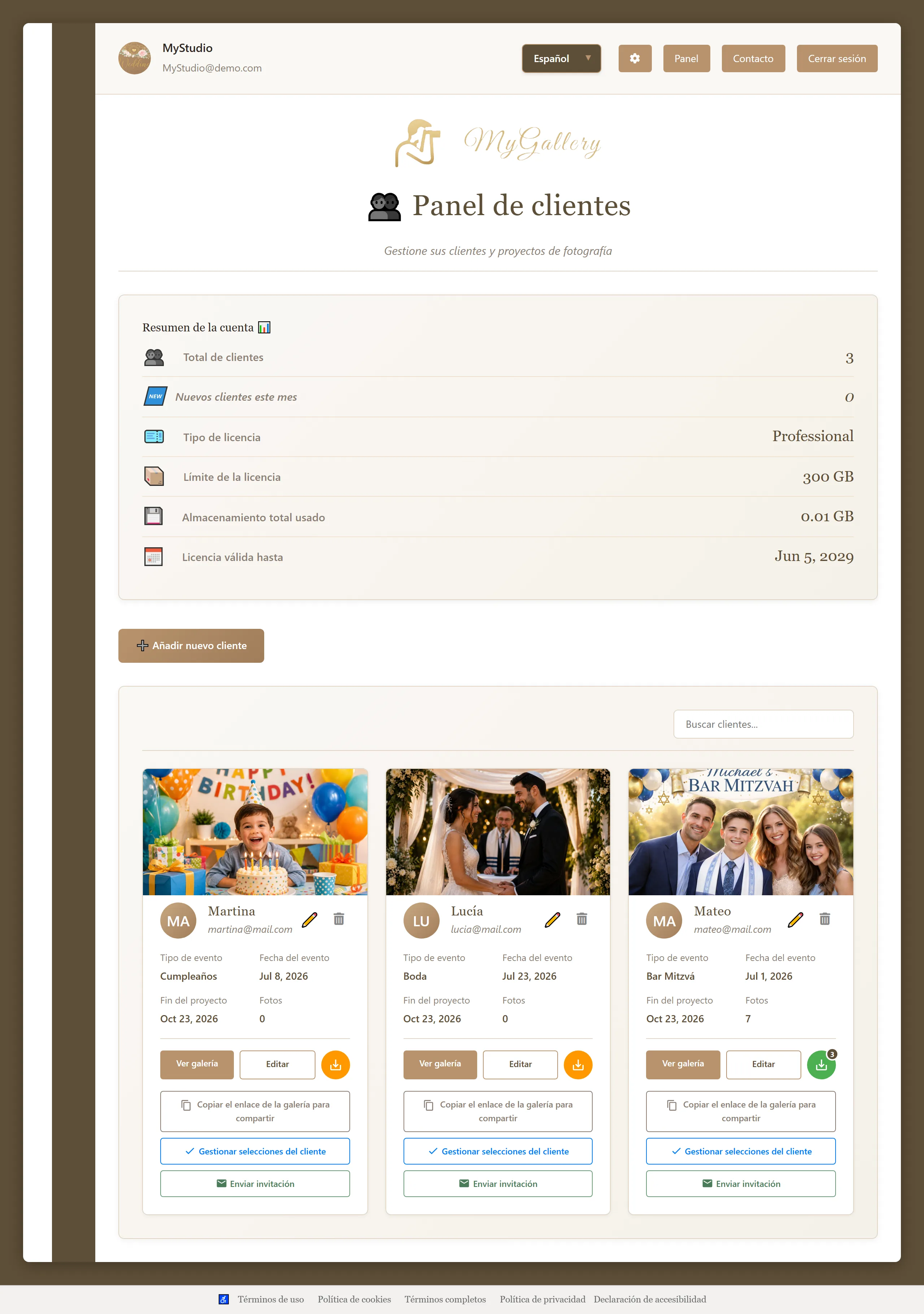 MyGallery photographer dashboard - manage client photo galleries
