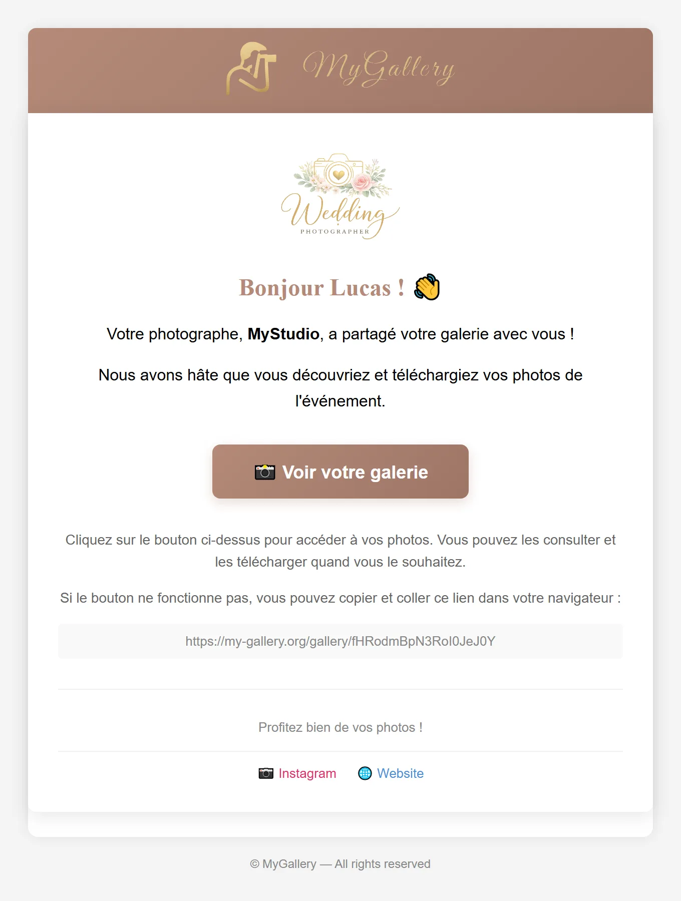 Client gallery email carrying the photographer's own logo, studio name and social links