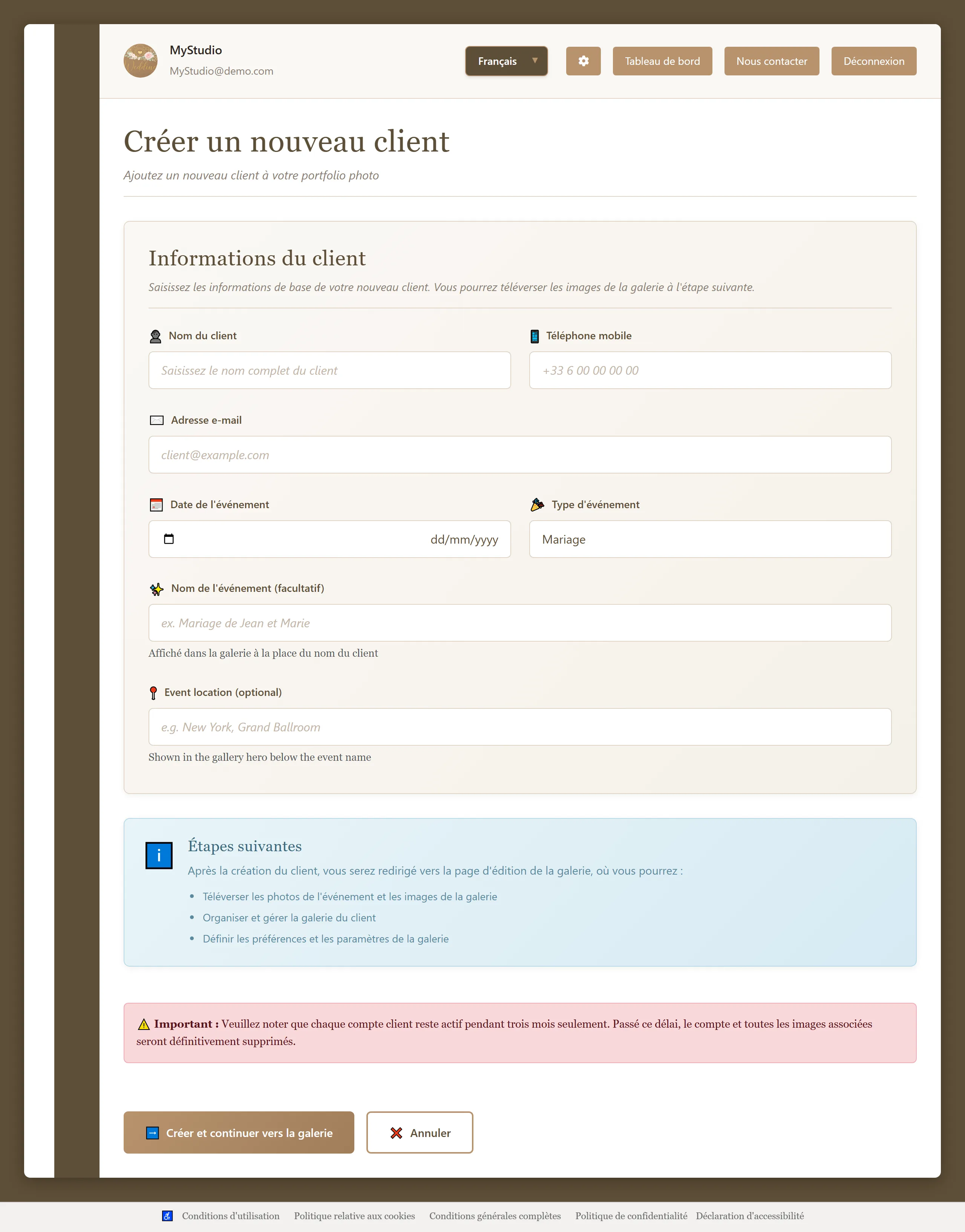 Add a new client and event details in MyGallery
