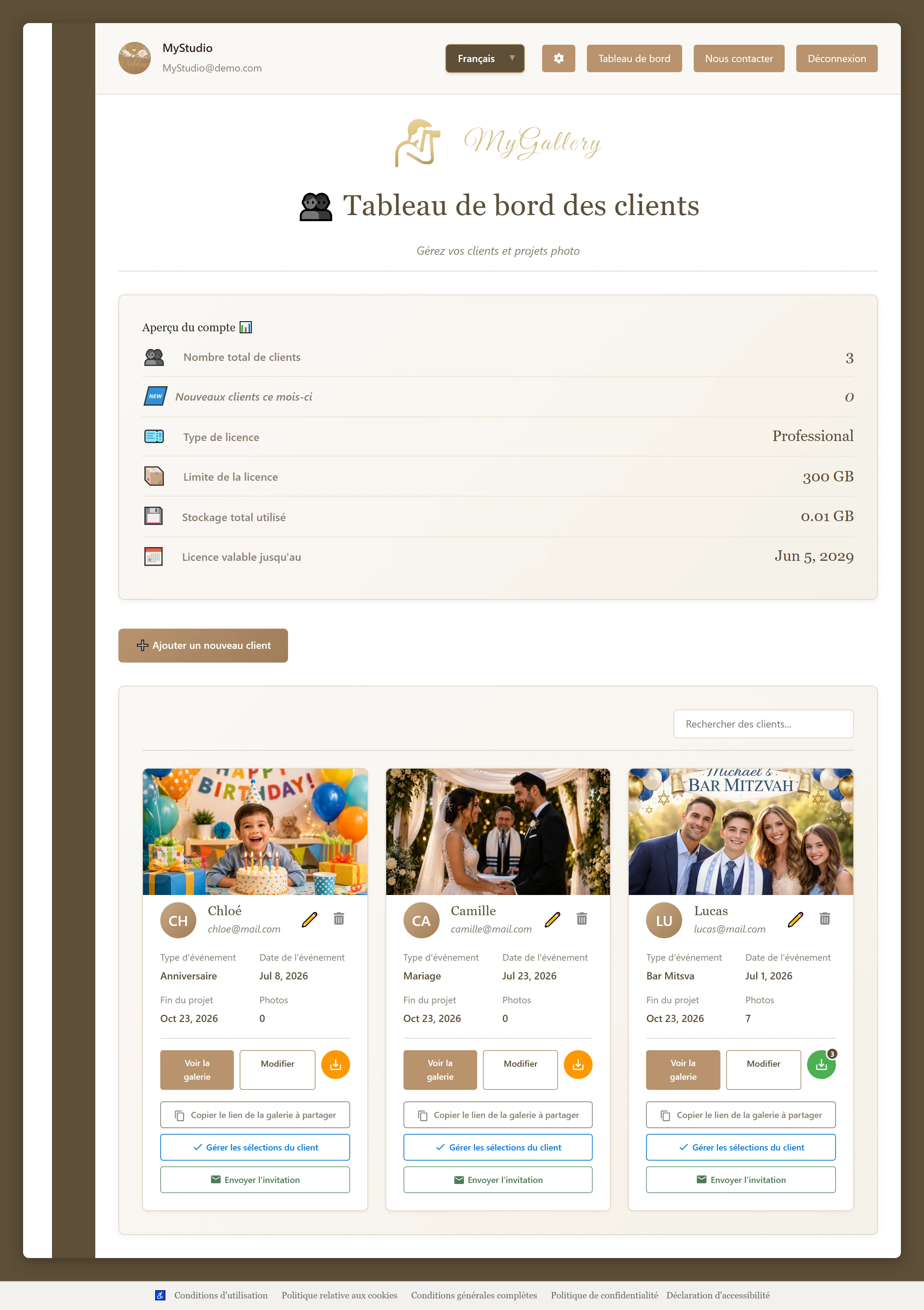 MyGallery photographer dashboard - manage client photo galleries